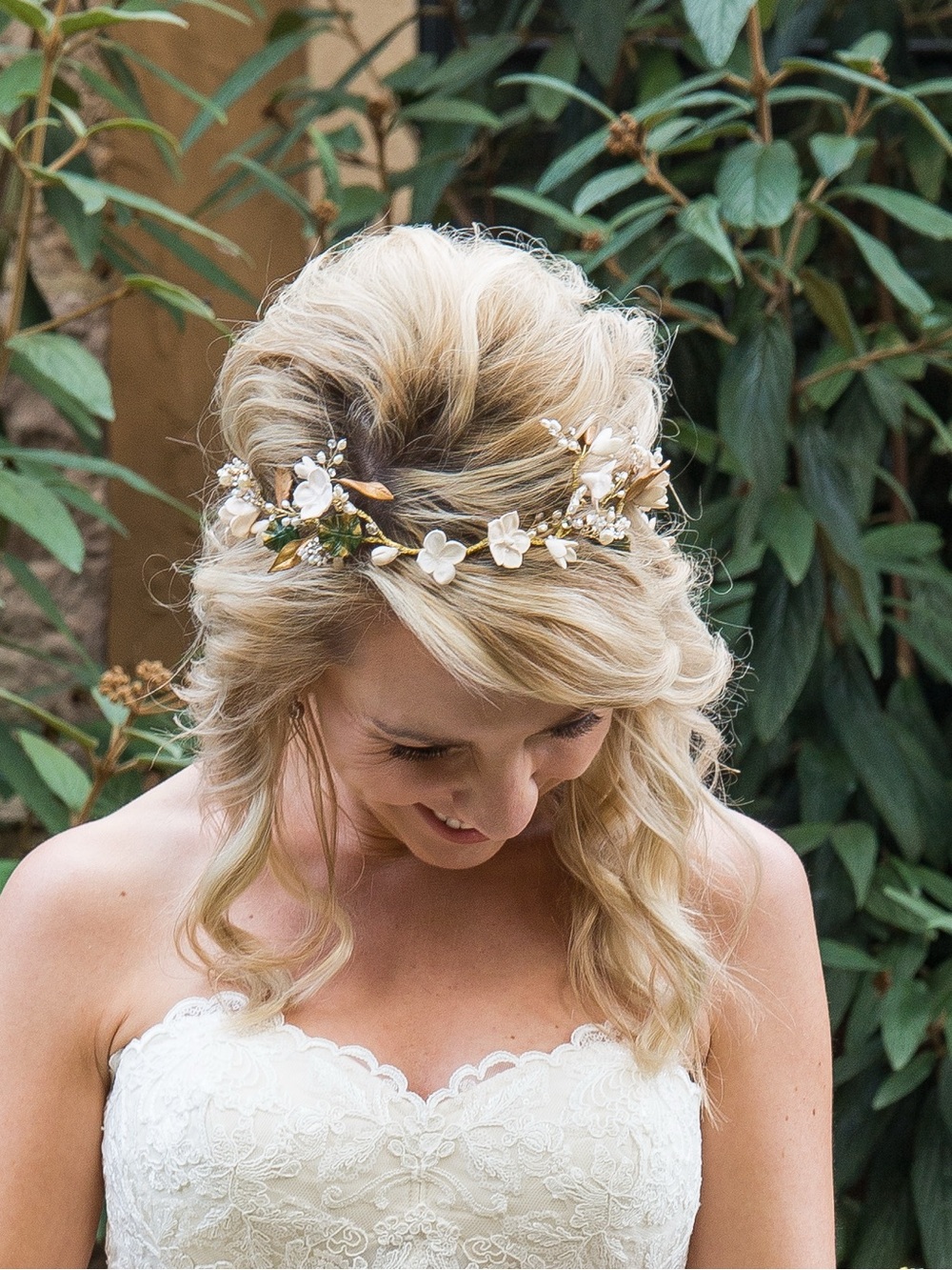 Twigs and Honey Bridal Floral Halo Headpiece in Ivory and Gold